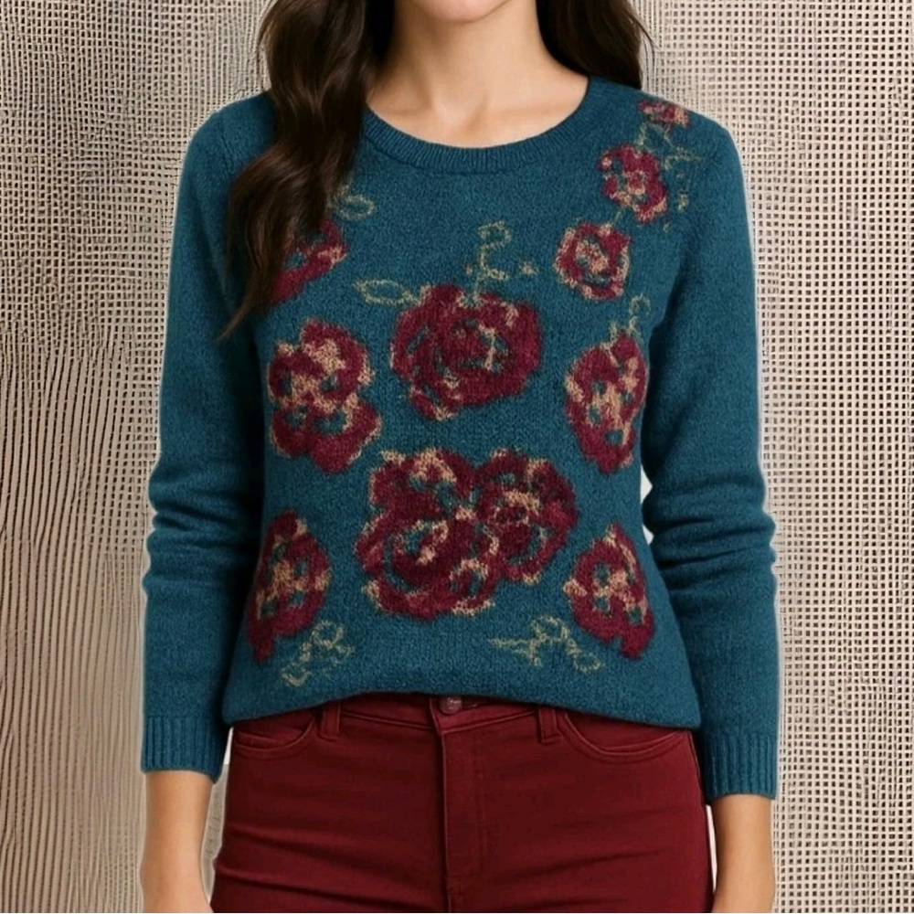 Garnet Hill Roses Floral Peony Teal Maroon Plum Sweater Wool Alpaca